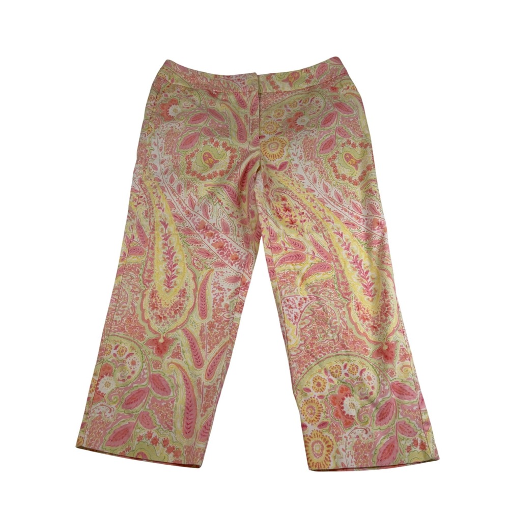 Talbots Petites Pink Yellow Paisley Cropped Pants Size 10P Stretch Cotton Capris